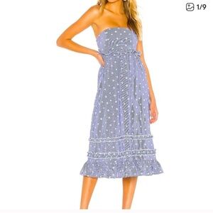 Tularosa Raven Blue Striped Floral Strapless Midi Dress